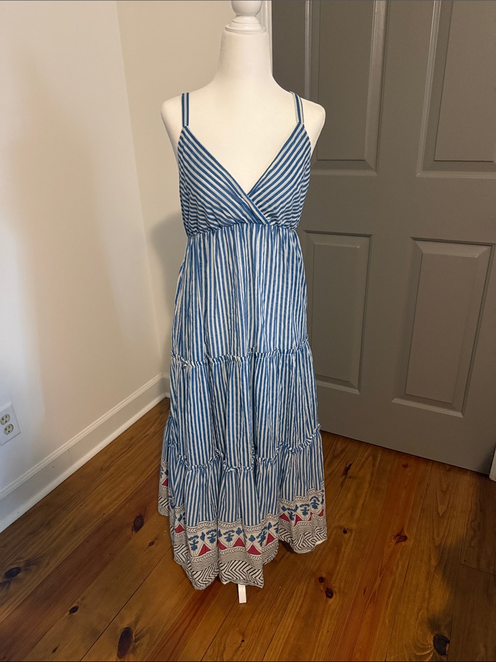 Natural Life Striped Blue & White Tiered Maxi Dress with patterned Hem